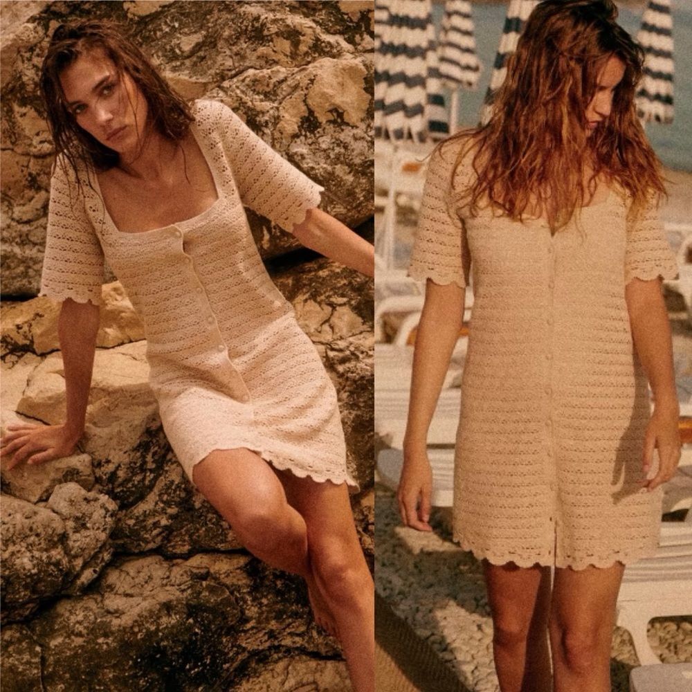 SEZANE Cassey Dress XS Cream Organic Cotton Crochet Knit Button Front Mini